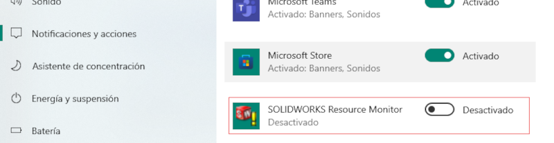 Cómo desactivar las notificaciones del monitor de recursos de SOLIDWORKS